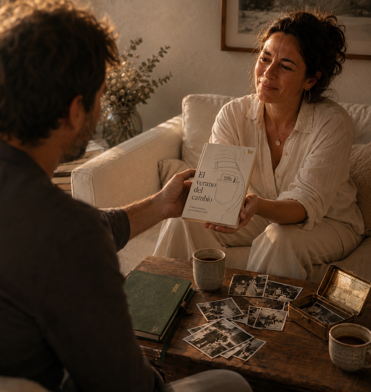 Charla relajada con notas y fotos sobre la mesa